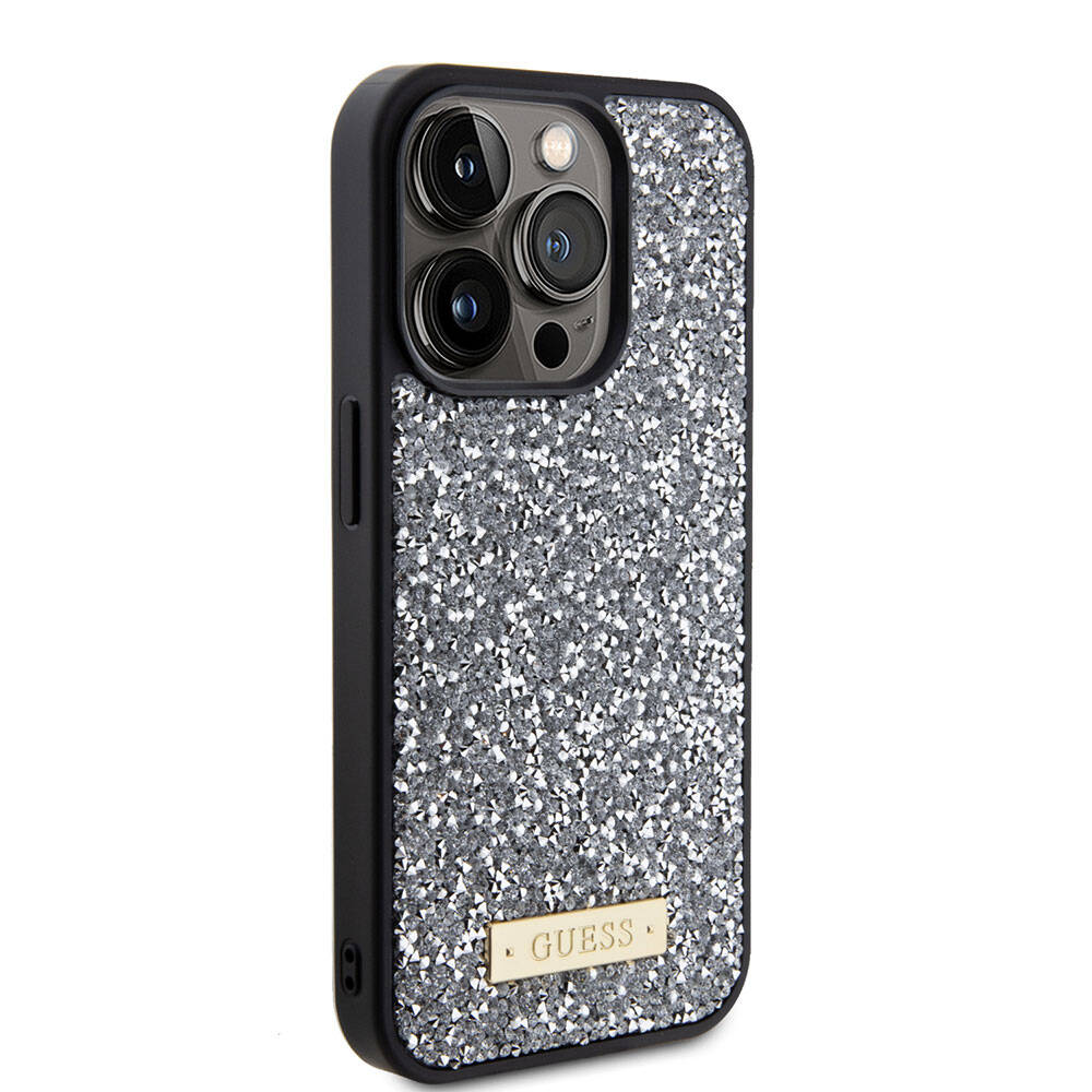 iPhone 15 Pro Kılıf Guess Orjinal Lisanslı Taşlı Arka Yüzey Metal Yazı Logolu Kapak