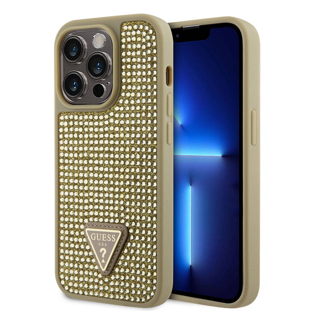 iPhone 15 Pro Kılıf Guess Orjinal Lisanslı Taşlı Arka Yüzey Üçgen Logolu Kapak