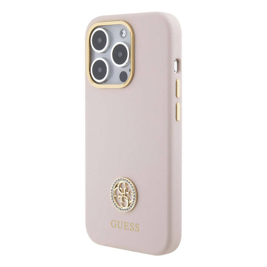 iPhone 15 Pro Kılıf Guess Orjinal Lisanslı Yazı ve Taşlı 4G Logolu Metal Kamera Çerçeveli Silikon Kapak