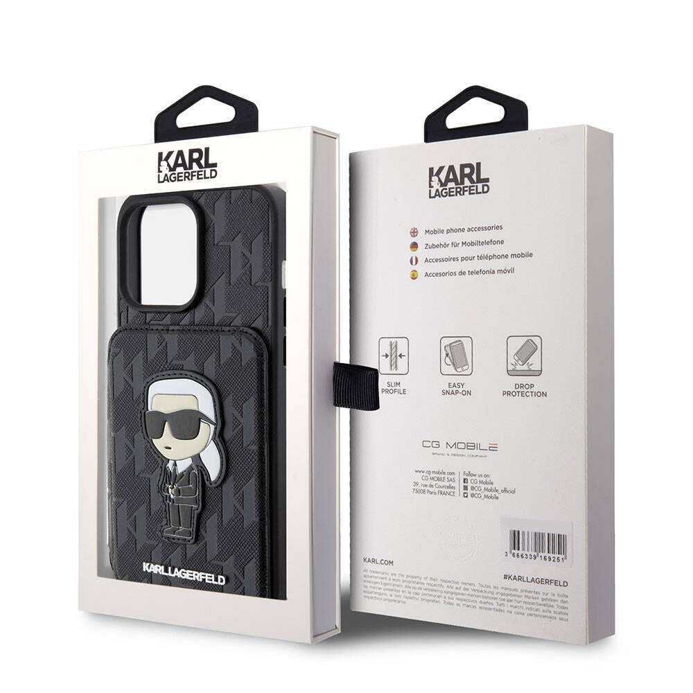 iPhone 15 Pro Kılıf Karl Lagerfeld Standlı Kartlıklı Saffiano Monogram İkonik Metal Logo Orjinal Lisanslı Kapak