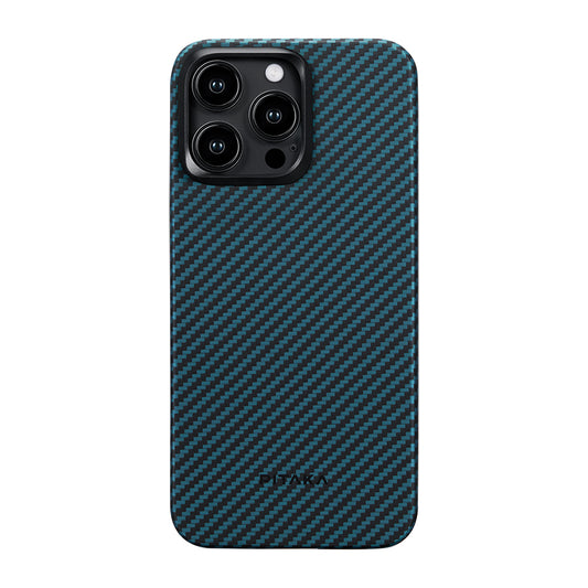 iPhone 15 Pro Kılıf M-safe Şarj Özellikli 1500D Aramid Fiber Pitaka Ultra-Slim Classic Serisi Black-Blue Twill Kapak