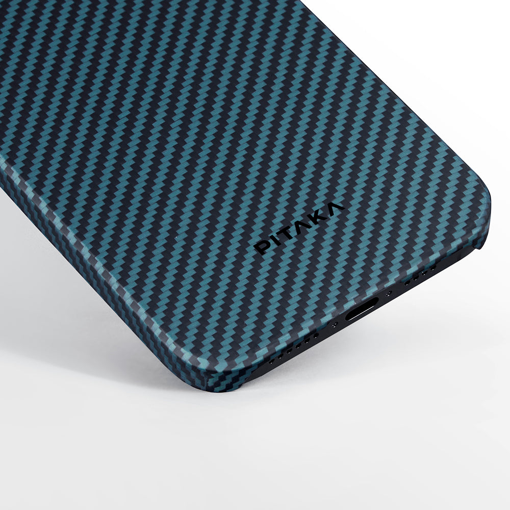 iPhone 15 Pro Kılıf M-safe Şarj Özellikli 1500D Aramid Fiber Pitaka Ultra-Slim Classic Serisi Black-Blue Twill Kapak