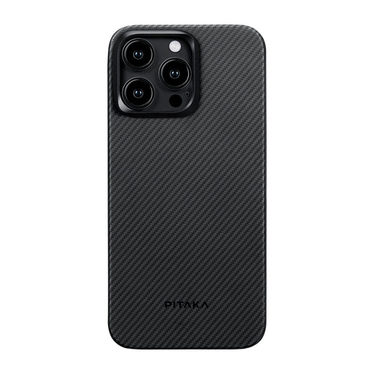 iPhone 15 Pro Kılıf M-safe Şarj Özellikli 600D Aramid Fiber Pitaka Ultra-Slim Classic Serisi Black-Grey Twill Kapak
