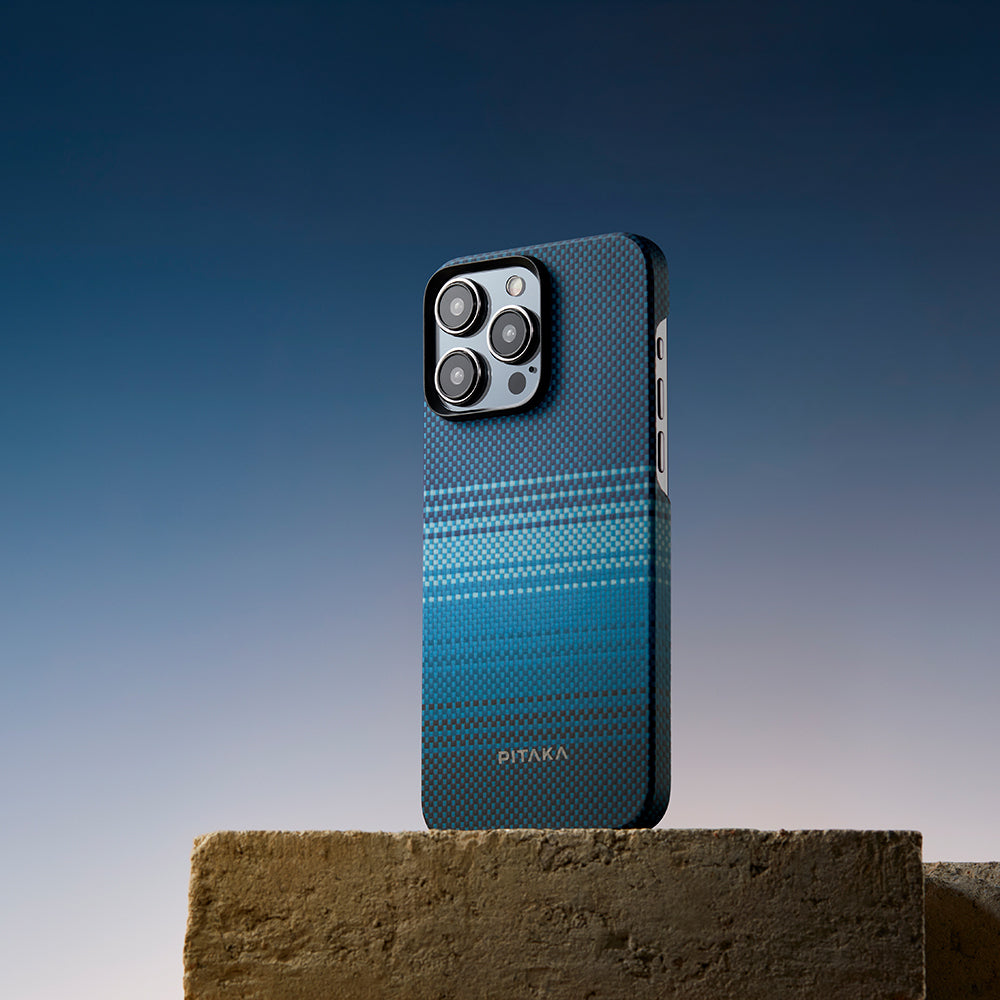 iPhone 15 Pro Kılıf M-safe Şarj Özellikli Aramid Fiber Pitaka Tactile Woven Sunset-Moonrise Serisi Moonrise Kapak