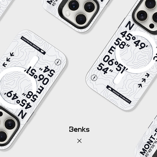 iPhone 15 Pro Kılıf M-safe Şarj Özellikli Koordinat Yazı Desenli Benks Summit Serisi Kapak