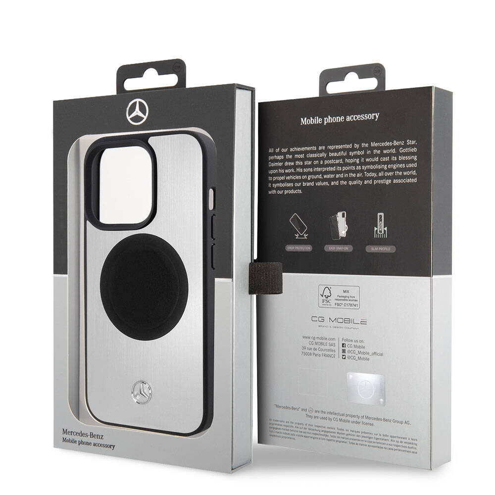 iPhone 15 Pro Kılıf Mercedes Benz Orjinal Lisanslı M-safe Şarj Özellikli Alüminyum Arka Yüzey Metal Yıldız Logolu Kapak
