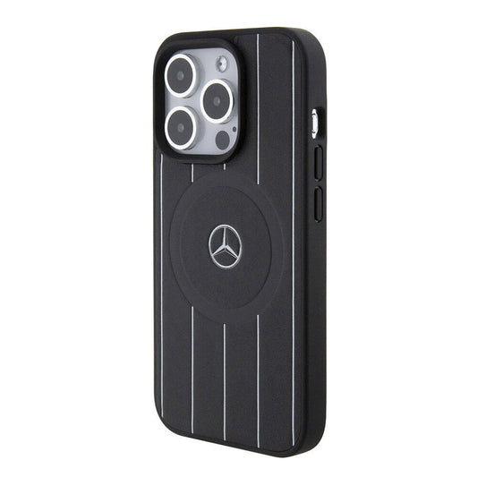 iPhone 15 Pro Kılıf Mercedes Benz Orjinal Lisanslı M-safe Şarj Özellikli Baskı Logolu Paralel Çizgi Desenli Deri Kapak