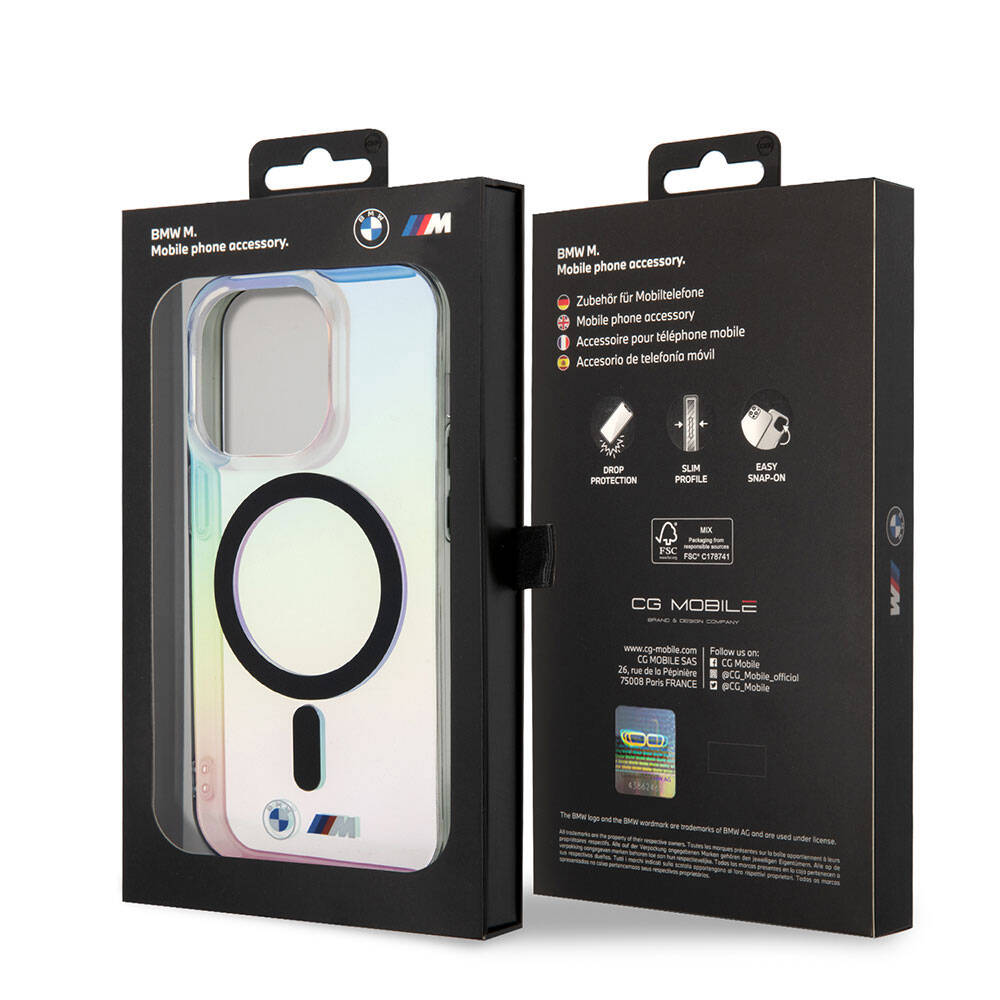 iPhone 15 Pro Max Kılıf BMW M-safe Şarj Özellikli Transparan Renk Geçişli Iridescent Orjinal Lisanslı Kapak