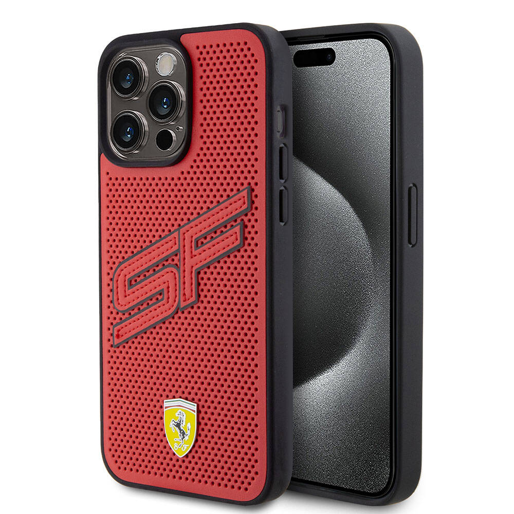 iPhone 15 Pro Max Kılıf Ferrari Orjinal Lisanslı PU Delikli Arka Yüzey Metal Logolu Dikişli Büyük SF Yazılı Kapak