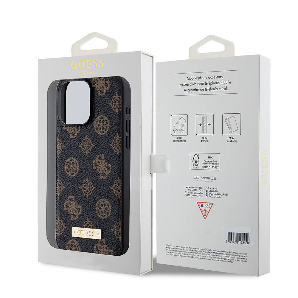 iPhone 15 Pro Max Kılıf Guess M-safe Şarj Özellikli PU Deri Desenli Metal Plaka Logolu Kapak