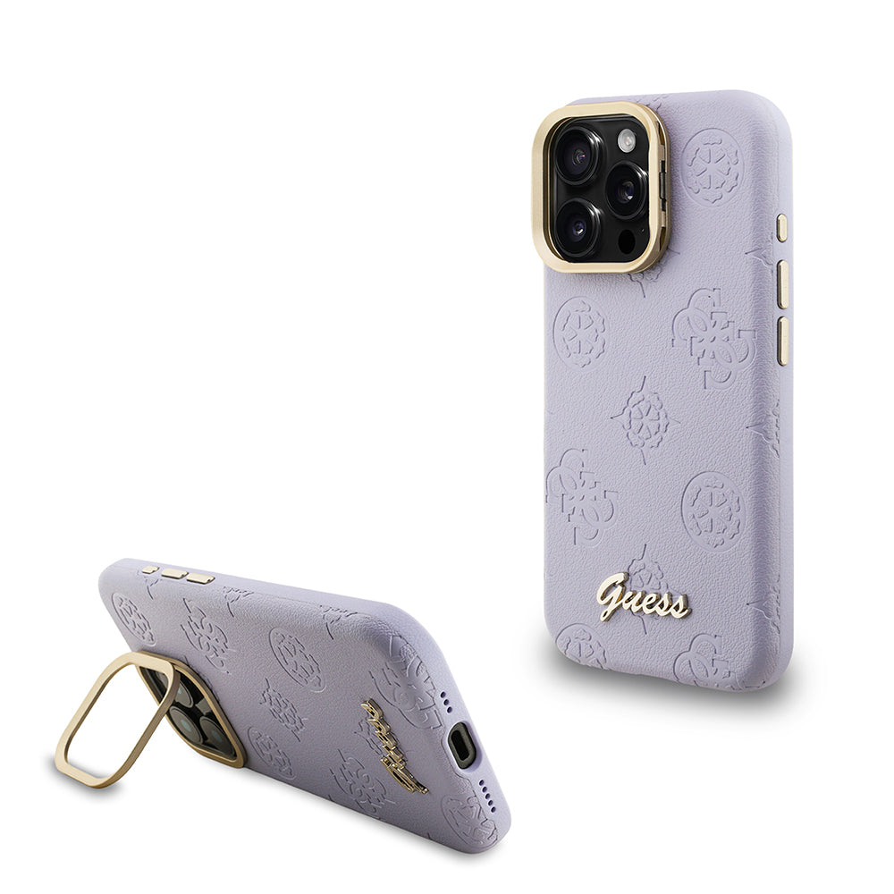 iPhone 15 Pro Max Kılıf Guess Orjinal Lisanslı M-safe Şarj Özellikli Sıcak Baskılı Yazı Logolu Kamera Standlı PU Deri Peony Kapak