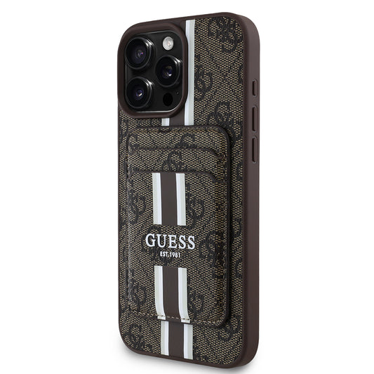 iPhone 15 Pro Max Kılıf Guess Orjinal Lisanslı M-safe Şarj Özellikli 4G Desenli Çizgili Kartlıklı Kapak