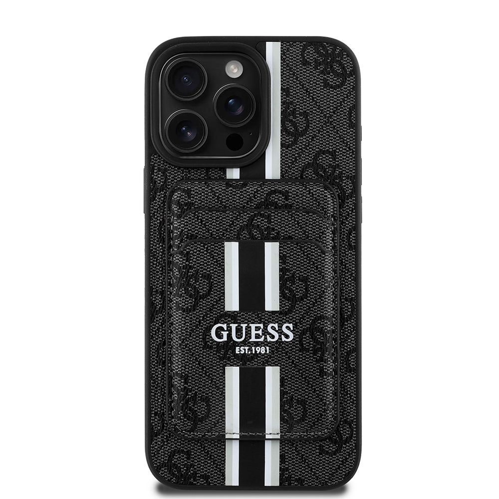 iPhone 15 Pro Max Kılıf Guess Orjinal Lisanslı M-safe Şarj Özellikli 4G Desenli Çizgili Kartlıklı Kapak