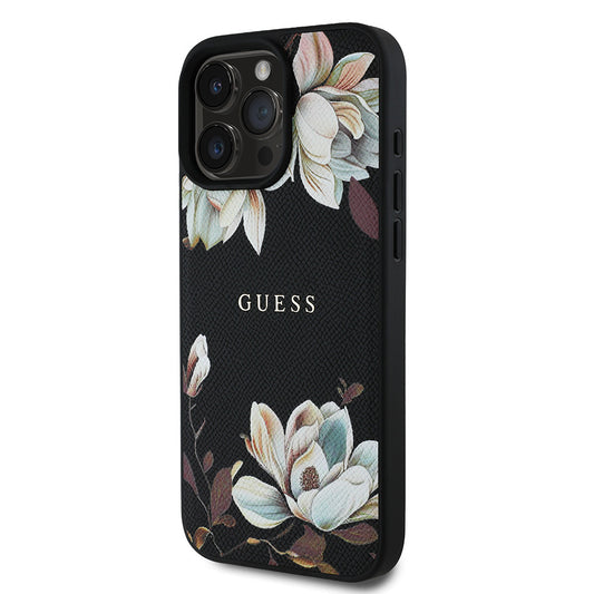iPhone 15 Pro Max Kılıf Guess Orjinal Lisanslı M-safe Şarj Özellikli Taneli Çiçek Tasarımlı Metal Yazı Logolu Kapak