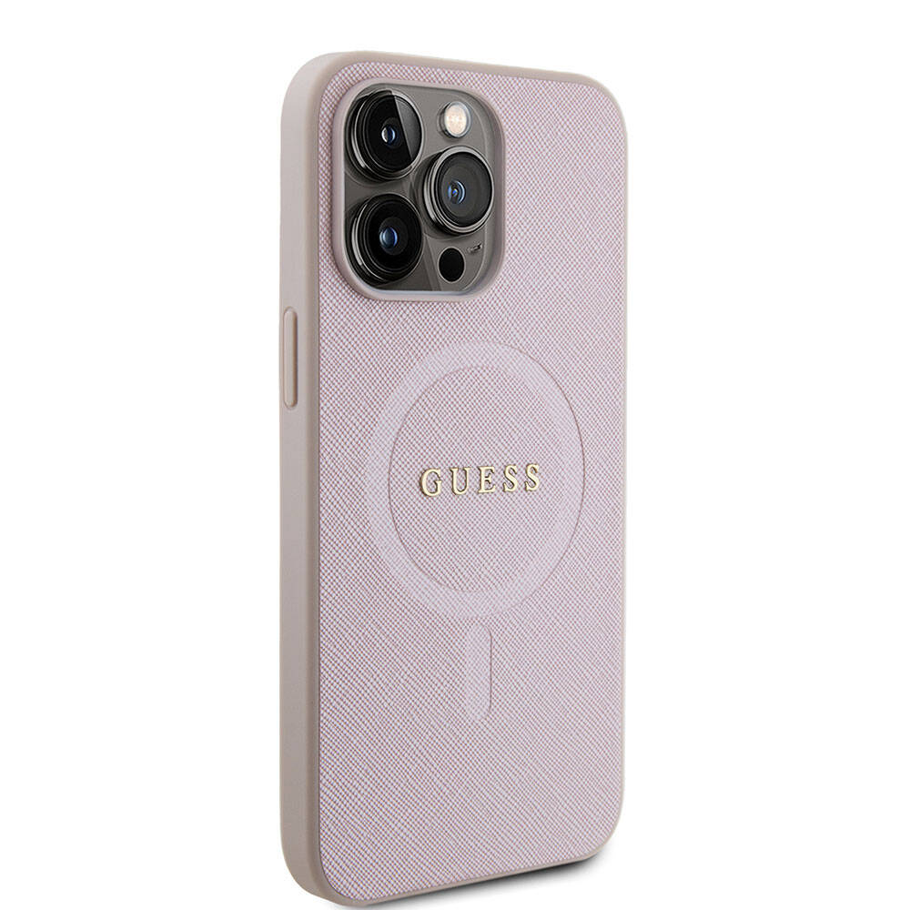 iPhone 15 Pro Max Kılıf Guess Orjinal Lisanslı M-safe Şarj Özellikli Yazı Logolu Saffiano Kapak