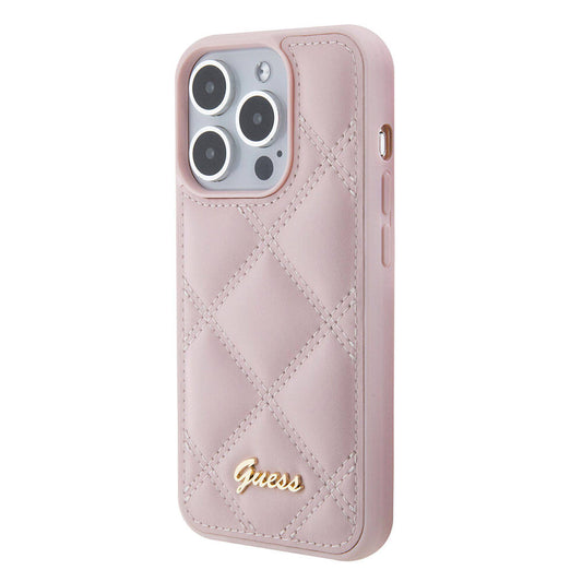 iPhone 15 Pro Max Kılıf Guess Orjinal Lisanslı PU Deri Metal Yazı Logolu Kapitone Kapak