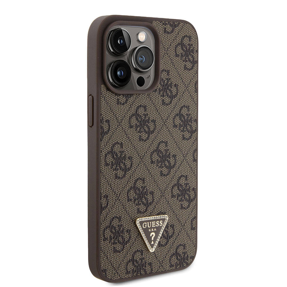 iPhone 15 Pro Max Kılıf Guess Orjinal Lisanslı PU Deri Taşlı Üçgen Logo 4G Desenli Strass Kapak