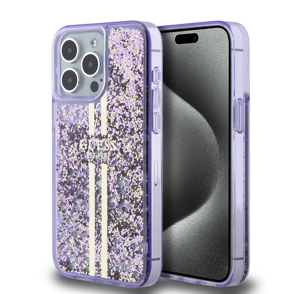 iPhone 15 Pro Max Kılıf Guess Orjinal Lisanslı Transparan Sıvılı Simli Altın Çizgili Kapak