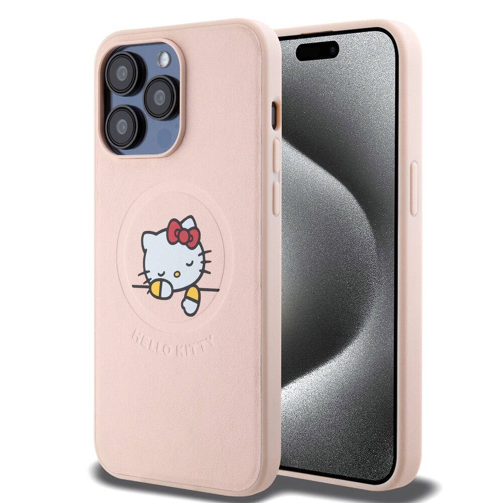 iPhone 15 Pro Max Kılıf Hello Kitty Orjinal Lisanslı M-safe Şarj Özellikli Baskı Logolu Uyuyan Kitty Deri Kapak