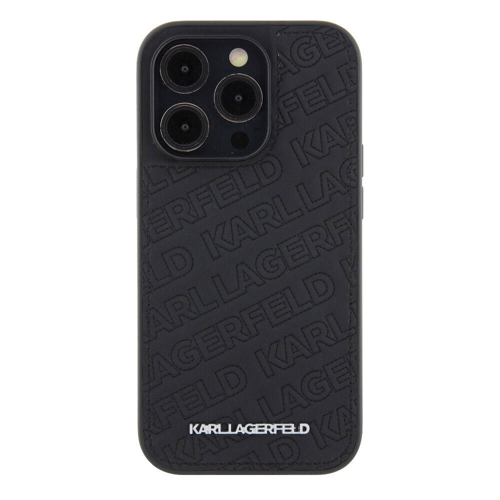 iPhone 15 Pro Max Kılıf Karl Lagerfeld Orjinal Lisanslı Metal Yazı Logolu Dikişli Logo Arka Yüzey Kapitone Kapak