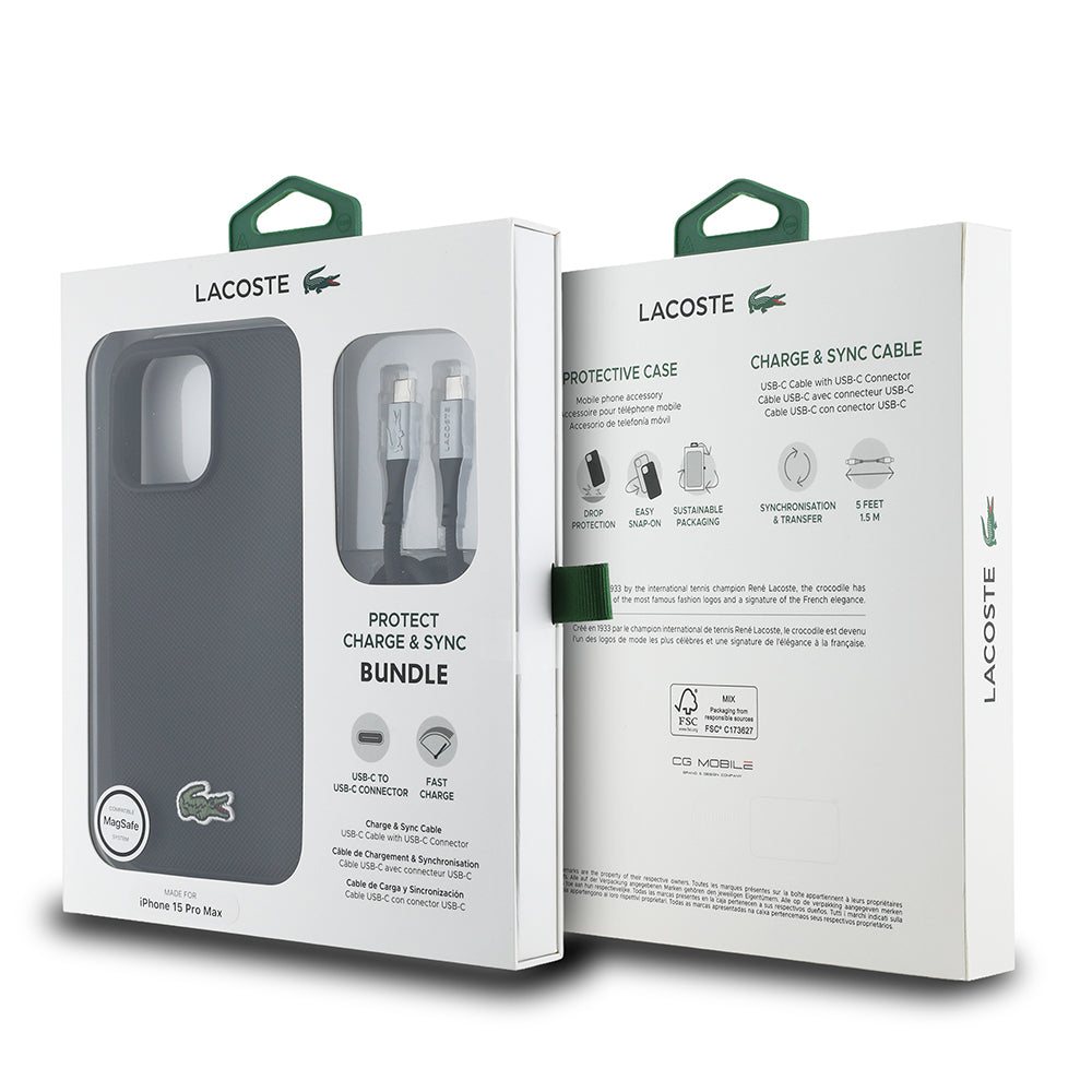 iPhone 15 Pro Max Kılıf Lacoste Orjinal Lisanslı PU Pike Desenli Arka Yüzey İkonik Timsah Dokuma Logolu Kapak + Type-C Kablo 1.5m