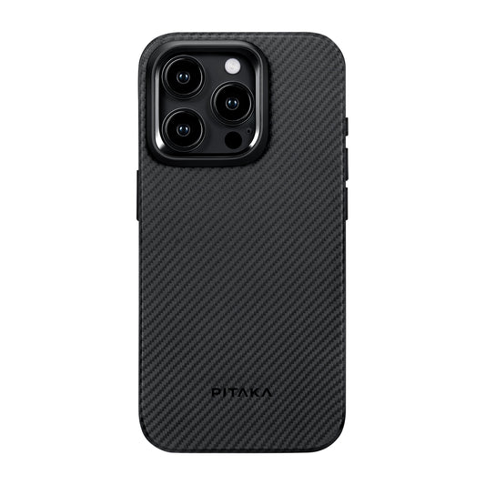 iPhone 15 Pro Max Kılıf M-safe Şarj Özellikli 600D Aramid Fiber Pitaka Military-Grade Classic Serisi Black-Grey Twill Kapak