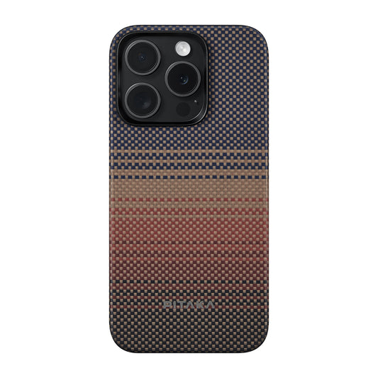 iPhone 15 Pro Max Kılıf M-safe Şarj Özellikli Aramid Fiber Pitaka Tactile Woven Sunset-Moonrise Serisi Sunset Kapak
