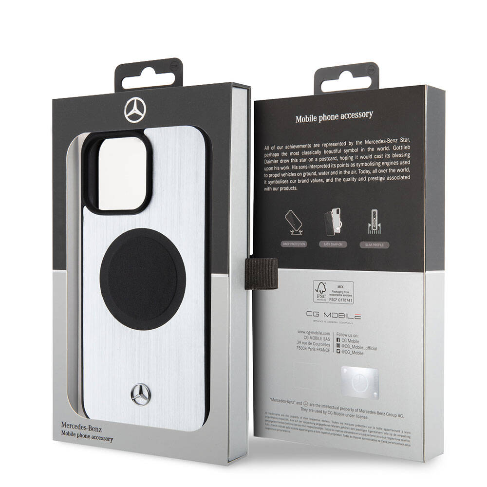 iPhone 15 Pro Max Kılıf Mercedes Benz Orjinal Lisanslı M-safe Şarj Özellikli Alüminyum Arka Yüzey Metal Yıldız Logolu Kapak