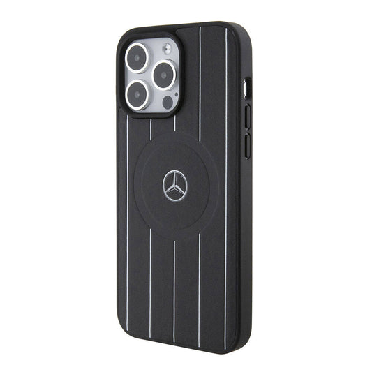 iPhone 15 Pro Max Kılıf Mercedes Benz Orjinal Lisanslı M-safe Şarj Özellikli Baskı Logolu Paralel Çizgi Desenli Deri Kapak