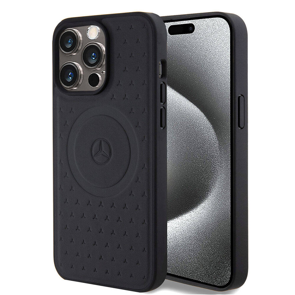 iPhone 15 Pro Max Kılıf Mercedes Benz Orjinal Lisanslı M-safe Şarj Özellikli Mühürlü Yıldız Desenli ve Logolu Deri Kapak