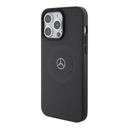iPhone 15 Pro Max Kılıf Mercedes Benz Orjinal Lisanslı M-safe Şarj Özellikli Pike Desenli Baskı Logolu Deri Kapak