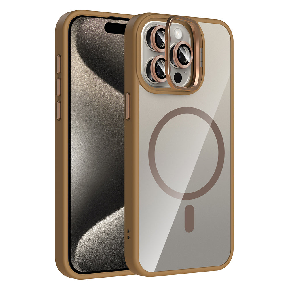 Apple iPhone 15 Pro Max Kılıf Standlı ve Kamera Lens Hediyeli M-Safe Şarj Özellikli Zore Etro Kapak