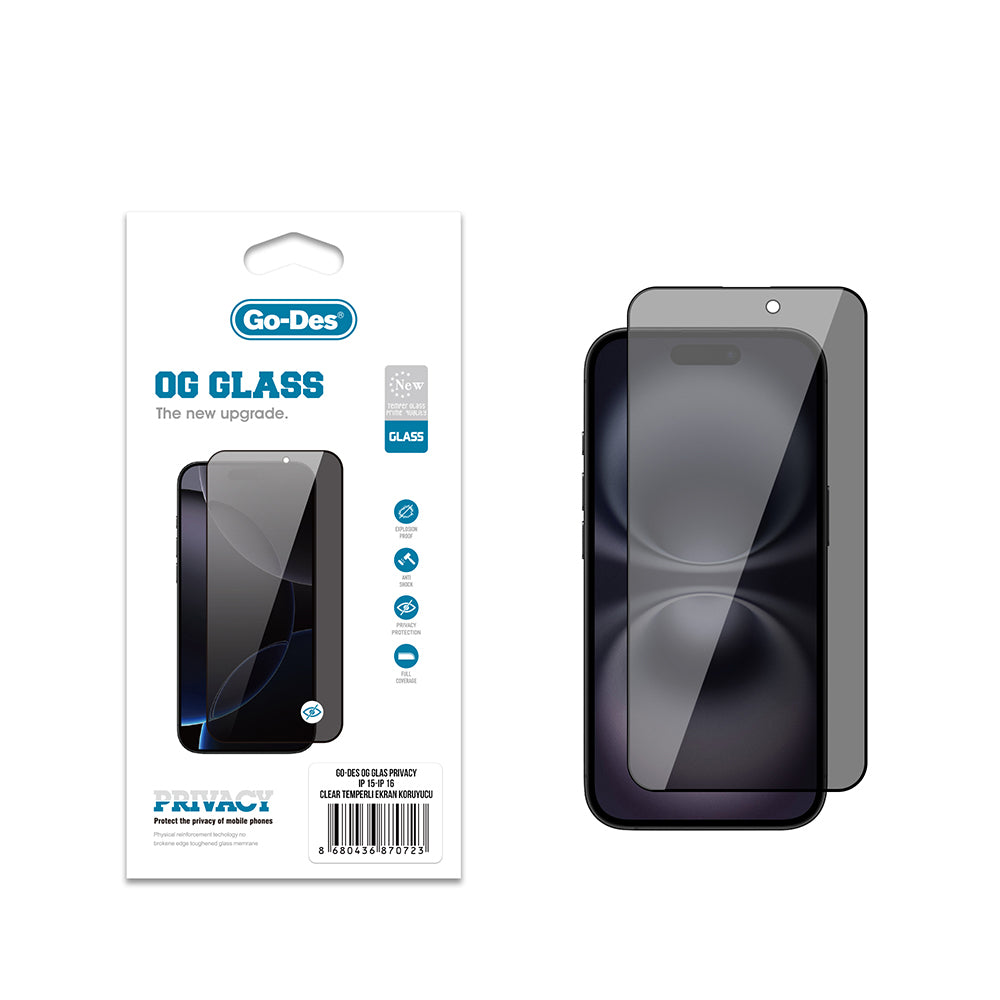 iPhone 16 Go Des OG Glass Privacy Antistatik Temperli Cam Ekran Koruyucu