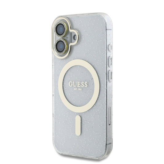 iPhone 16 Guess Orjinal Lisanslı 3'lü Aksesuar Seti IML Baskılı Simli Glitter Kılıf + Ekran Koruyucu + Lens Koruyucu