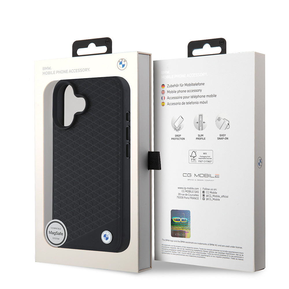 iPhone 16 Kılıf BMW Orjinal Lisanslı M-safe Şarj Özellikli Metal Logolu Dokulu Diamond Deri Kapak