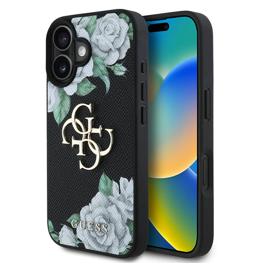 iPhone 16 Kılıf Guess Orjinal Lisanslı Gül Baskılı Büyük Metal Logo Dizaynlı Kapak