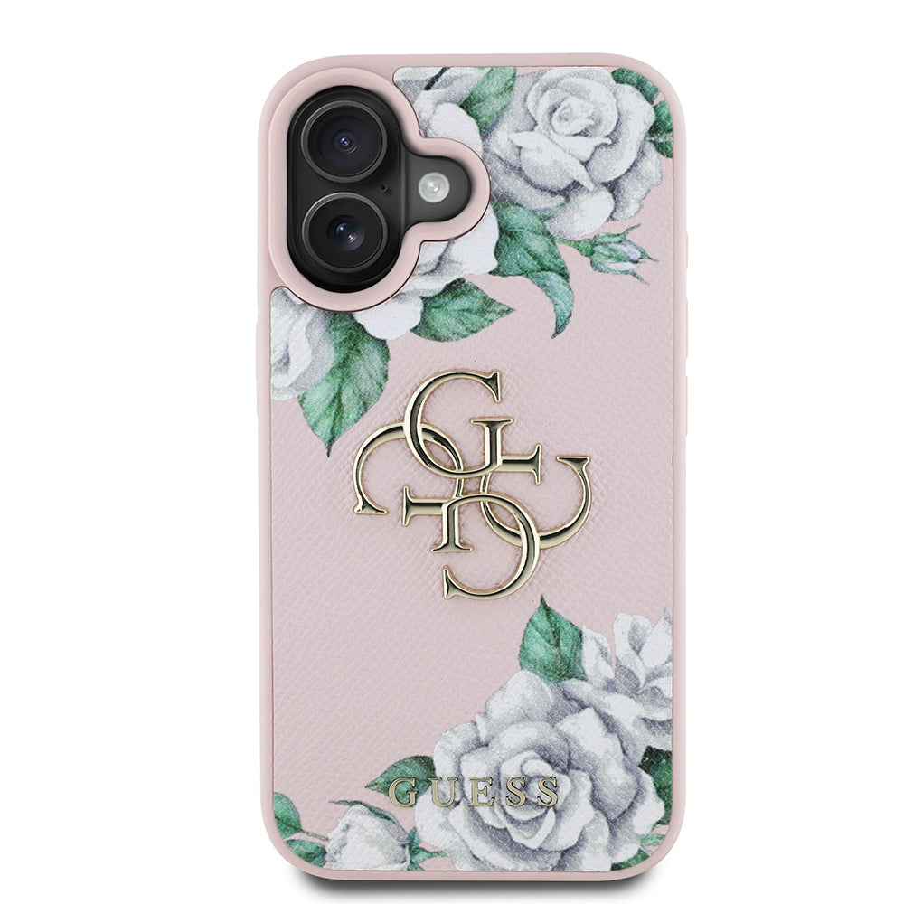 iPhone 16 Kılıf Guess Orjinal Lisanslı Gül Baskılı Büyük Metal Logo Dizaynlı Kapak