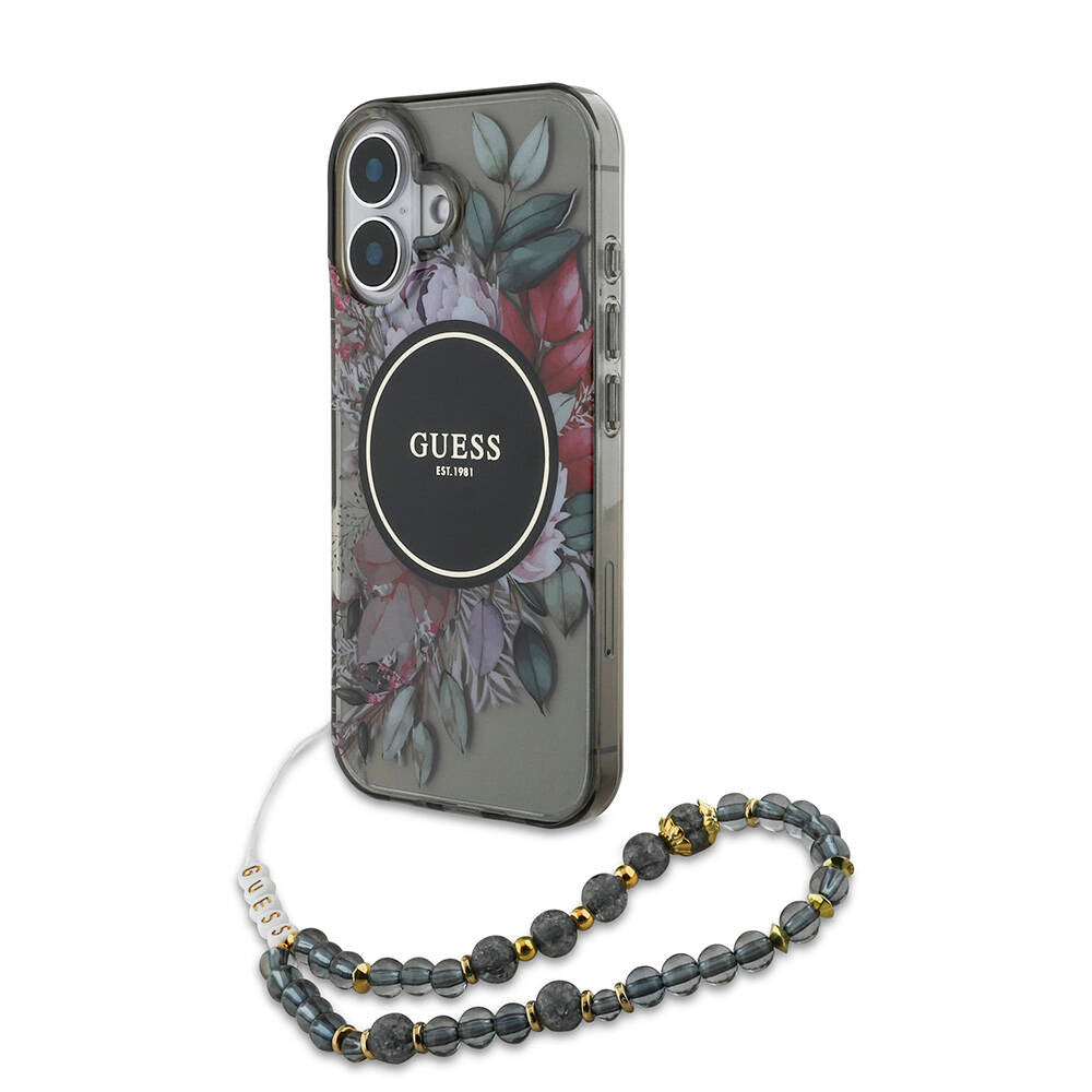 iPhone 16 Kılıf Guess Orjinal Lisanslı M-safe Şarj Özellikli IML Baskılı Çiçek İnci Bileklikli Kapak