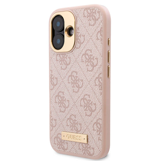iPhone 16 Kılıf Guess Orjinal Lisanslı M-safe Şarj Özellikli PU 4G Desenli Metal Plaka Klasik Logolu Kapak