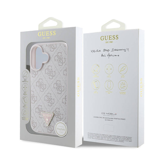iPhone 16 Kılıf Guess Orjinal Lisanslı M-safe Şarj Özellikli PU Deri 4G Desenli Taşlı Üçgen Logolu Kapak