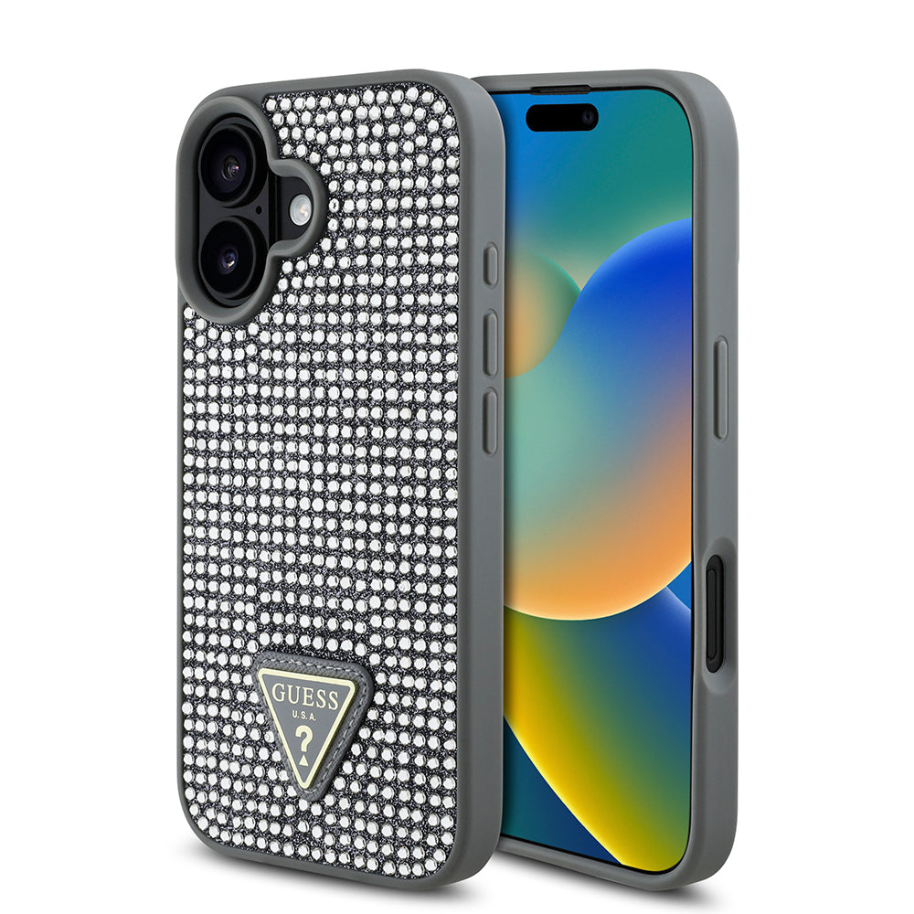 iPhone 16 Kılıf Guess Orjinal Lisanslı Taşlı Arka Yüzey Üçgen Logolu Kapak