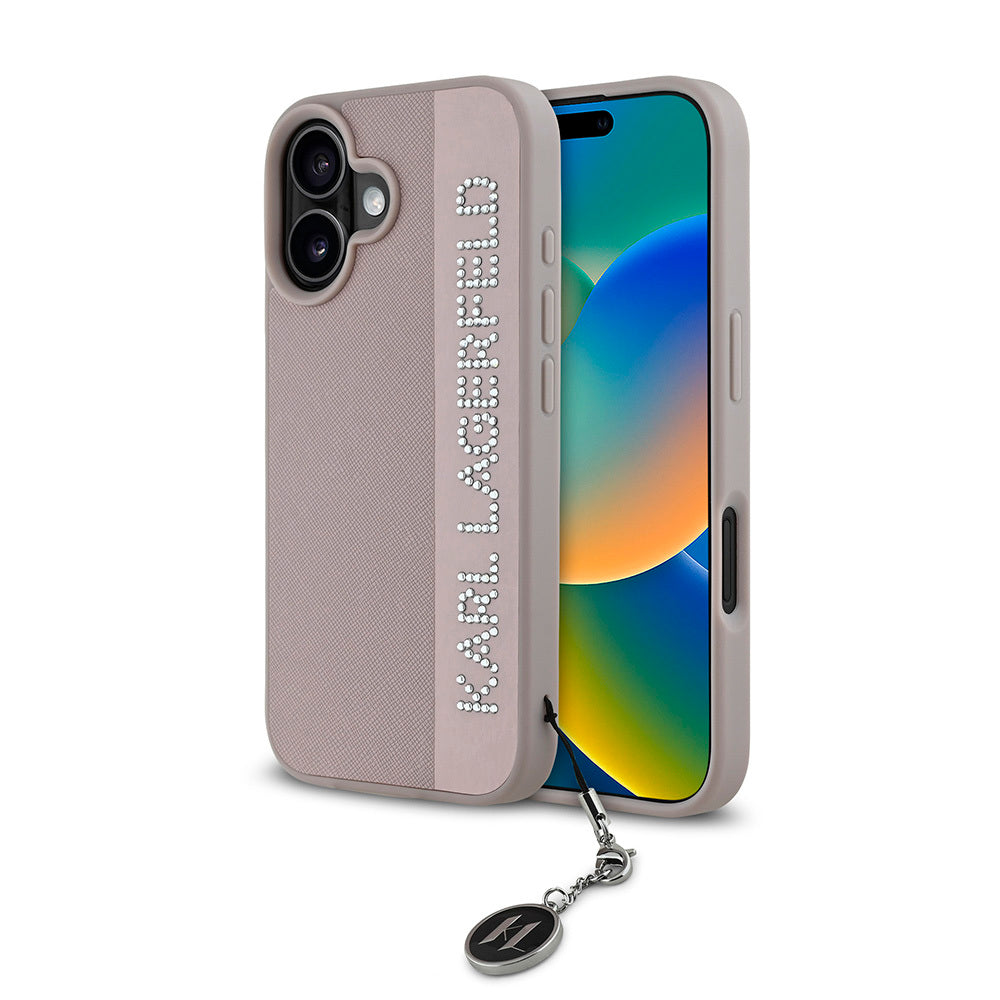 iPhone 16 Kılıf Karl Lagerfeld Orjinal Lisanslı Anahtarlıklı Taşlı KL Yazılı Saffiano Rhinestones Kapak