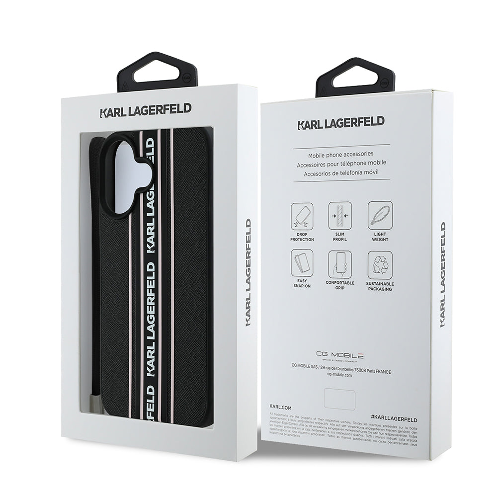 iPhone 16 Kılıf Karl Lagerfeld Orjinal Lisanslı Askılı Saffiano Athleisure Şerit Çizgili Kapak