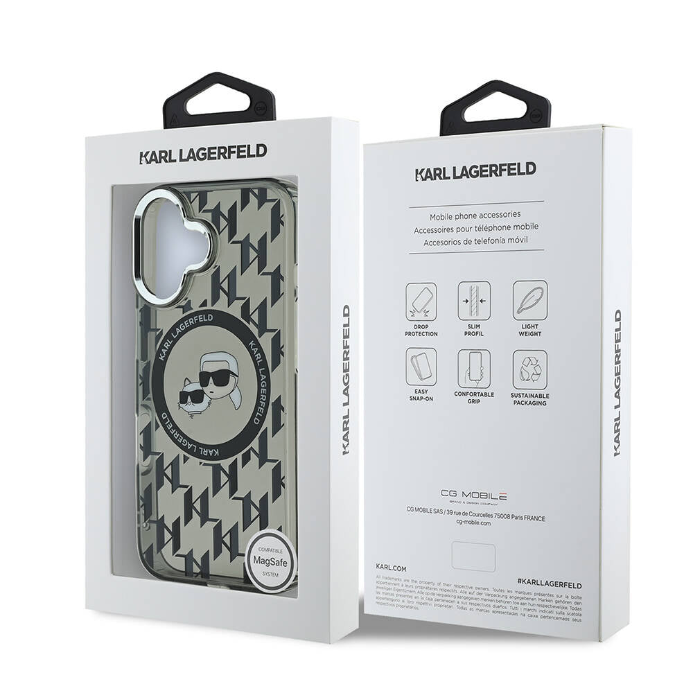 iPhone 16 Kılıf Karl Lagerfeld Orjinal Lisanslı M-safe Şarj Özellikli IML Baskılı Metal Monogram KC Heads Kapak