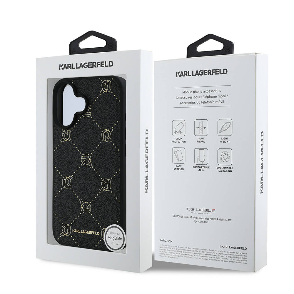 iPhone 16 Kılıf Karl Lagerfeld Orjinal Lisanslı M-safe Şarj Özellikli PU Deri Karl Heads Desenli Klasik Logolu Kapak