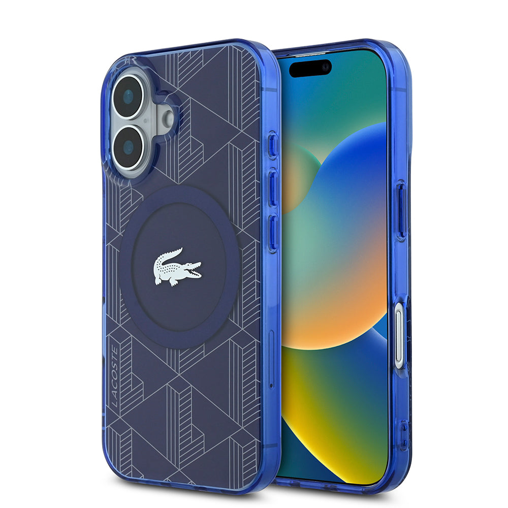 iPhone 16 Kılıf Lacoste Orjinal Lisanslı M-safe Şarj Özellikli IML Baskılı Gümüş Timsah Logolu Monogram Kapak
