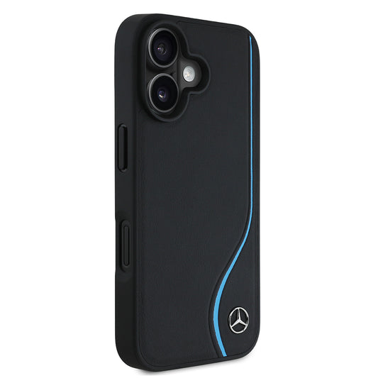 iPhone 16 Kılıf Mercedes Benz Orjinal Lisanslı M-safe Şarj Özellikli 3D Metal Logolu Mavi Dikey Eğri Çizgili Deri Kapak