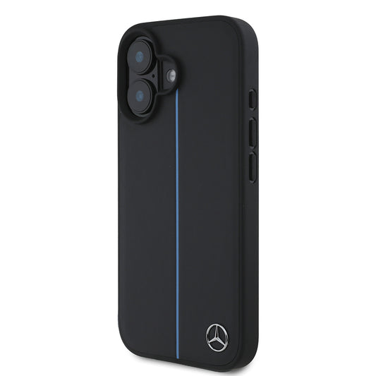 iPhone 16 Kılıf Mercedes Benz Orjinal Lisanslı M-safe Şarj Özellikli Metal Yıldız Logolu Mavi Çizgili Deri Kapak