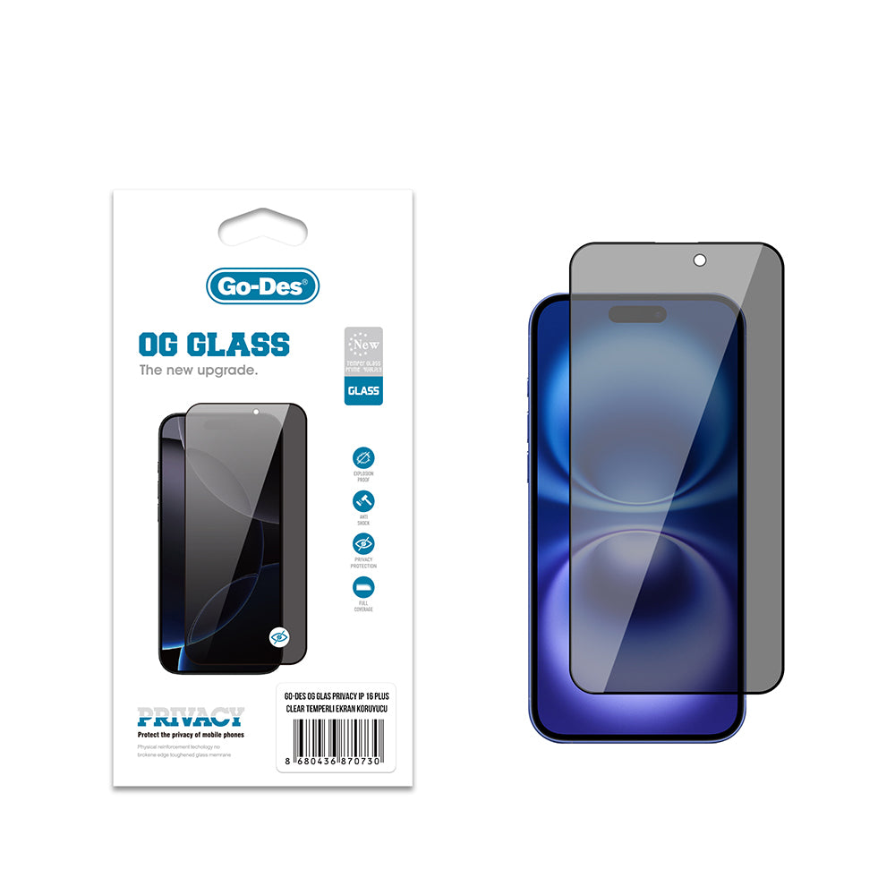 iPhone 16 Plus Go Des OG Glass Privacy Antistatik Temperli Cam Ekran Koruyucu