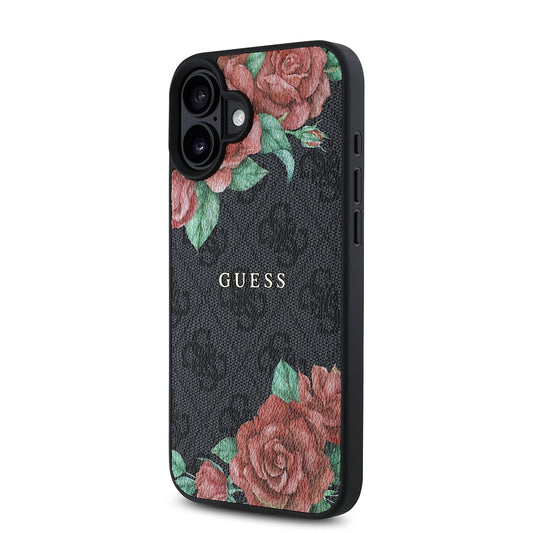 iPhone 16 Plus Kılıf Guess Orjinal Lisanslı M-safe Şarj Özellikli Gül Baskılı 4G Desenli Yazı Logolu Kapak
